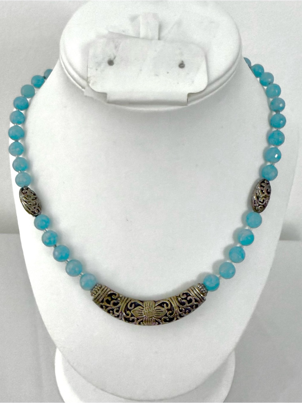 Aqua Blue Faceted Bead Necklace Silver Tone Floral Scrollwork Boho Toggle 17 In